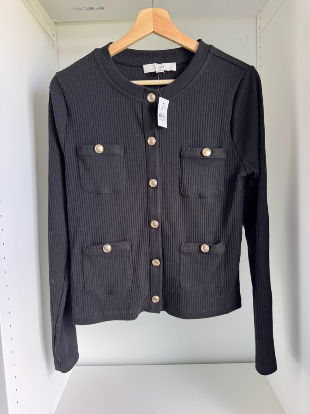 LOFT Black Ribbed Button-Front Blazer with Gold Buttons